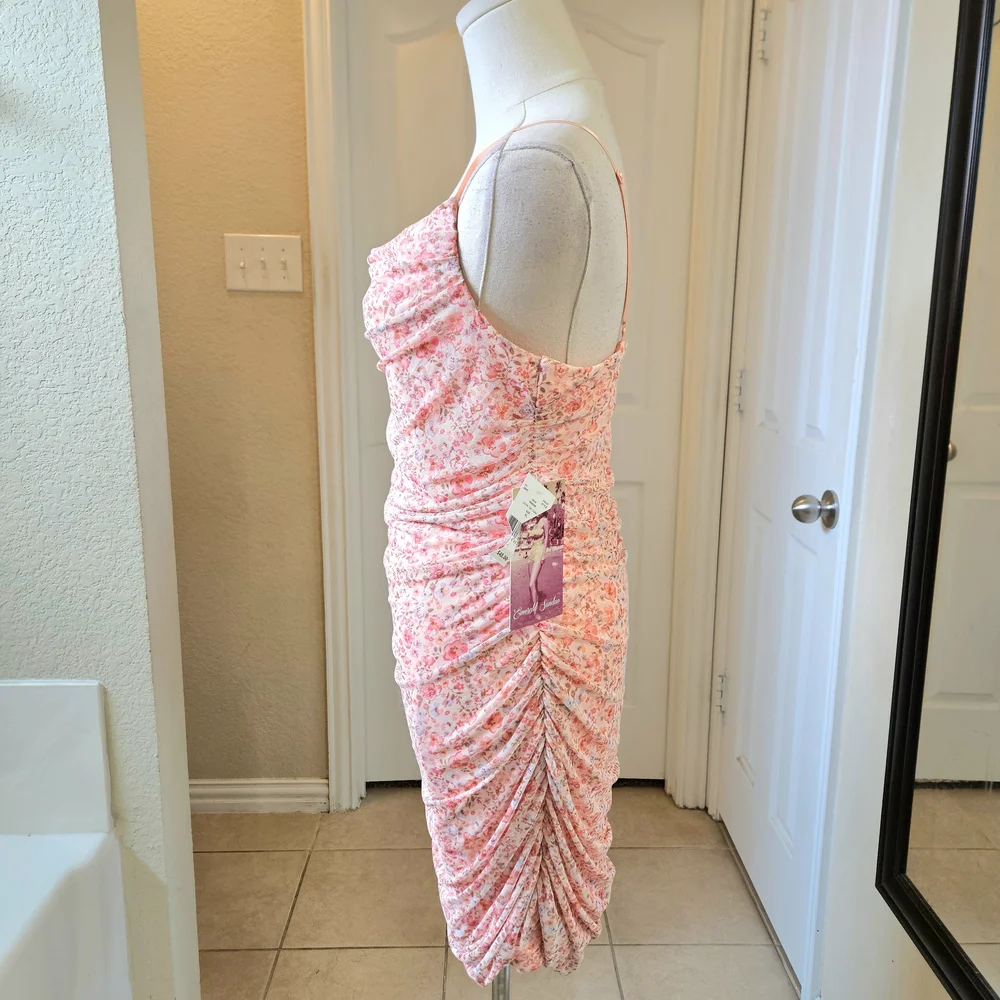 Emerald Sundae Floral Ruched Mesh Bodycon Dress SIZE XL in Coral Pink NWT - Picture 4 of 10